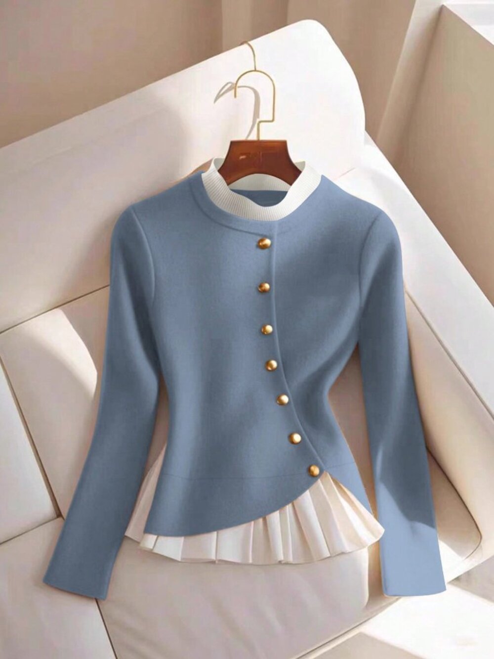 Blue Casual Women's Elegant Color Block Pleated Sweater